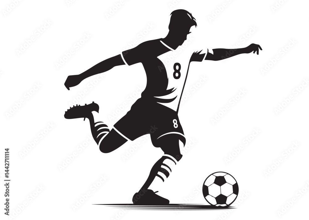 Naklejka premium footballer player logo silhouette vector, footballer player logo icon silhouette, black vector of soccer player silhouette, football player shoot silhouette logo on isolated white background.