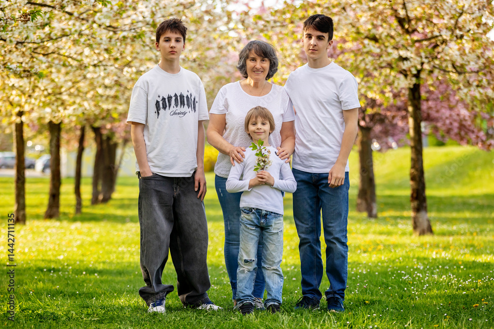Fototapeta premium Portrait of cute stylish smiling family, boys and grandmother sitting in the grass in park