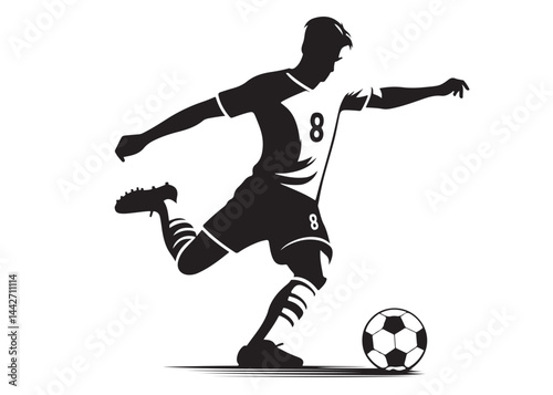 footballer player logo silhouette vector, footballer player logo icon silhouette, black vector of soccer player silhouette, football player shoot silhouette logo on isolated white background.