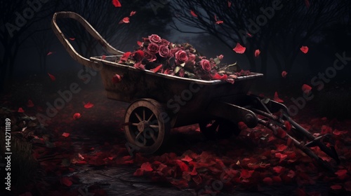 Halloween & Spooky: Overturned wheelbarrow of dead roses, rusty metal wheelbarrow tipped on damp earth, wilted black and red roses scattered