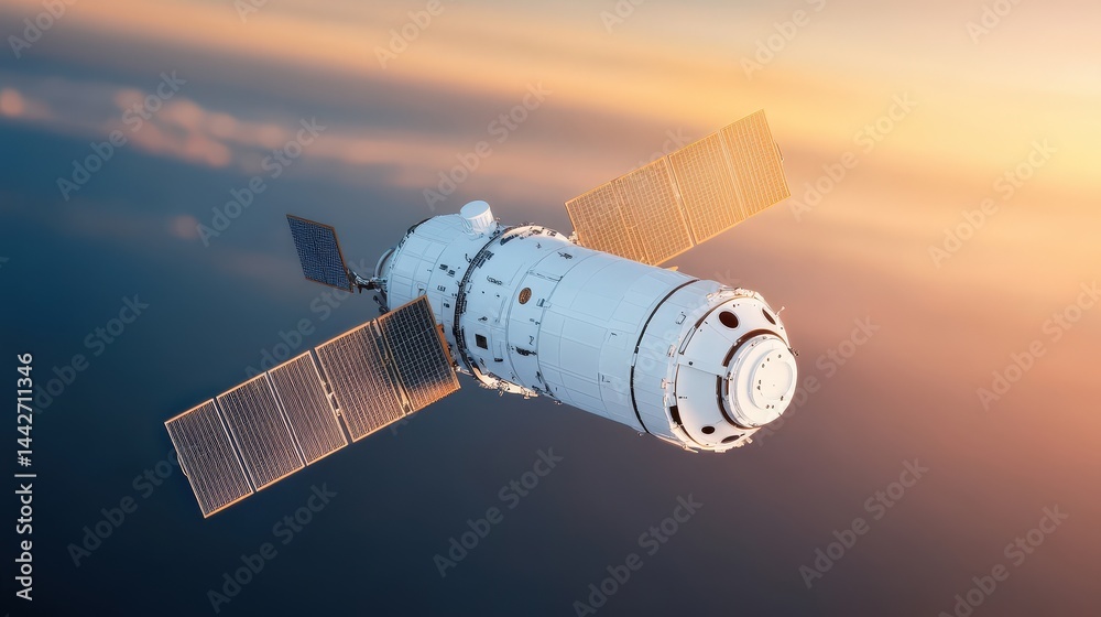 Fototapeta premium A modern satellite or spacecraft orbits above Earth with solar panels extended, illuminated by the glow of the sunrise or sunset.