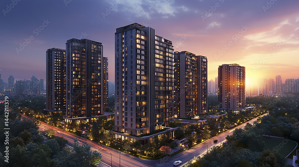 Contemporary residential complex with sharp architecture at sunset, showcasing urban living Contemporary residential complex with sharp architecture at sunset, showcasing urban living