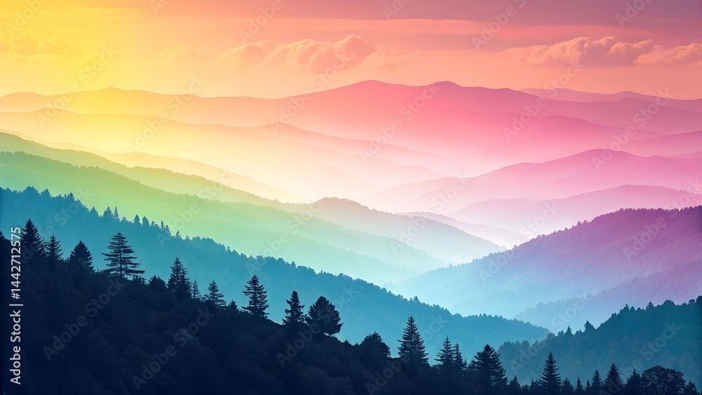 Obraz premium A breathtaking mountain landscape witnesses the beauty of both a misty sunrise and a vibrant sunset painting the sky with hues of dawn and dusk