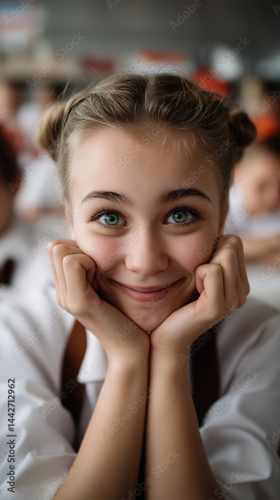 Lächelndes Schulmädchen mit Zöpfen stützt ihr Gesicht auf die Hände vor unscharfen Mitschülern im Hintergrund