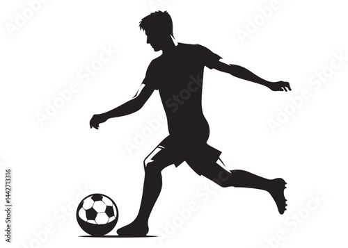 footballer player logo silhouette vector, footballer player logo icon silhouette, black vector of soccer player silhouette, football player shoot silhouette logo on isolated white background.