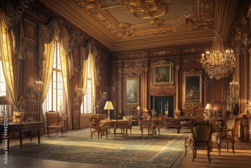 A grand royal museum interior with golden classic decor, featuring intricate wood carvings, ornate chandeliers, and elegant velvet curtains.