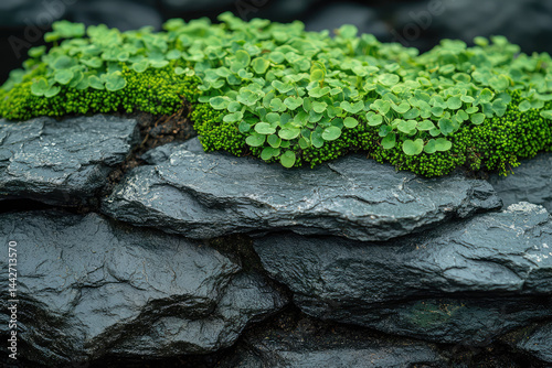 Lush Green Moss on Layered Stone Surface
