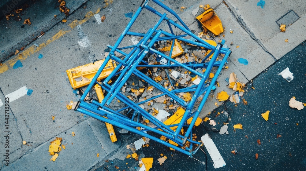 Toppled scaffolding frame lying on uneven ground
