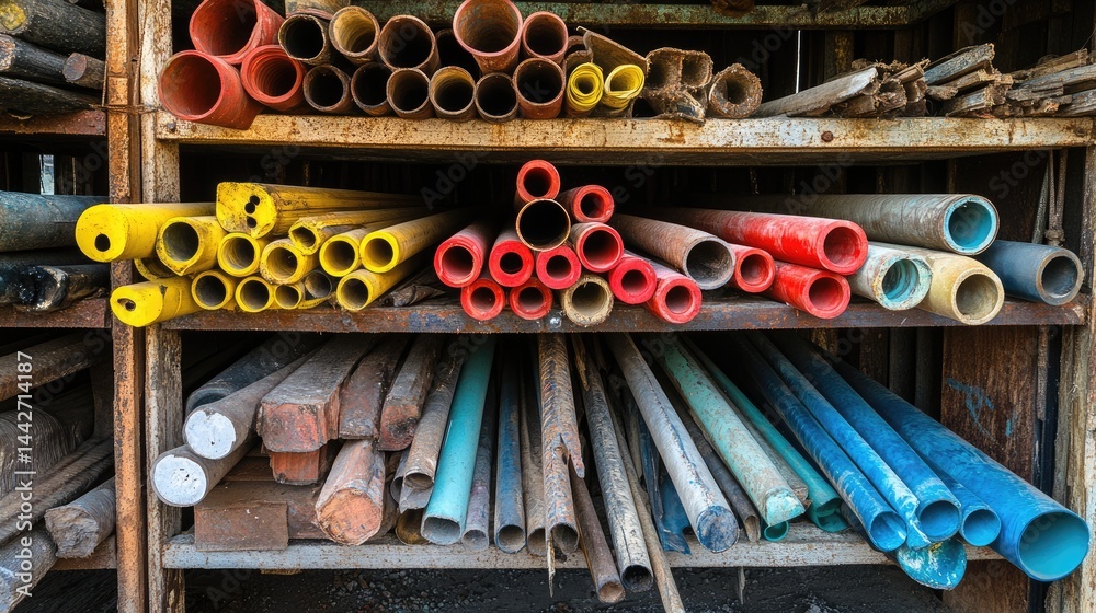 Untidy stockpile of poorly stored construction pipes