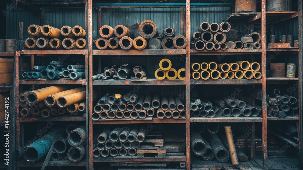 Untidy stockpile of poorly stored construction pipes