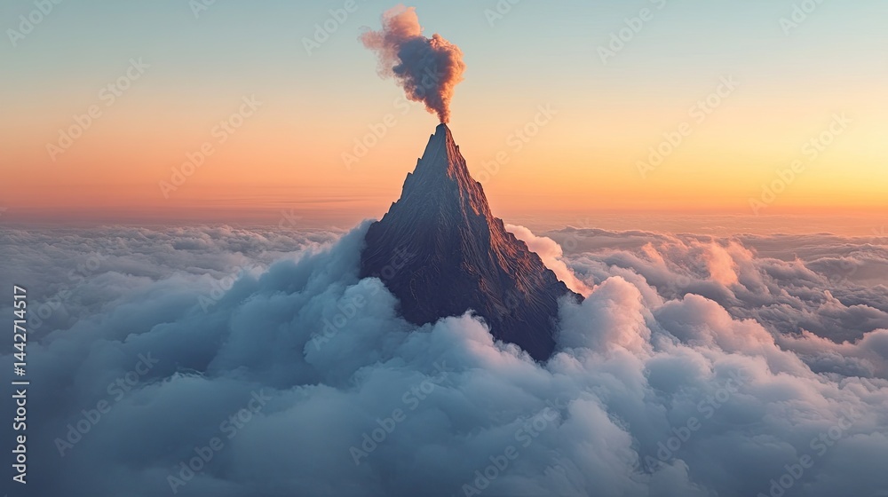 Volcanic landscape with smoking peak placed at thirds intersection