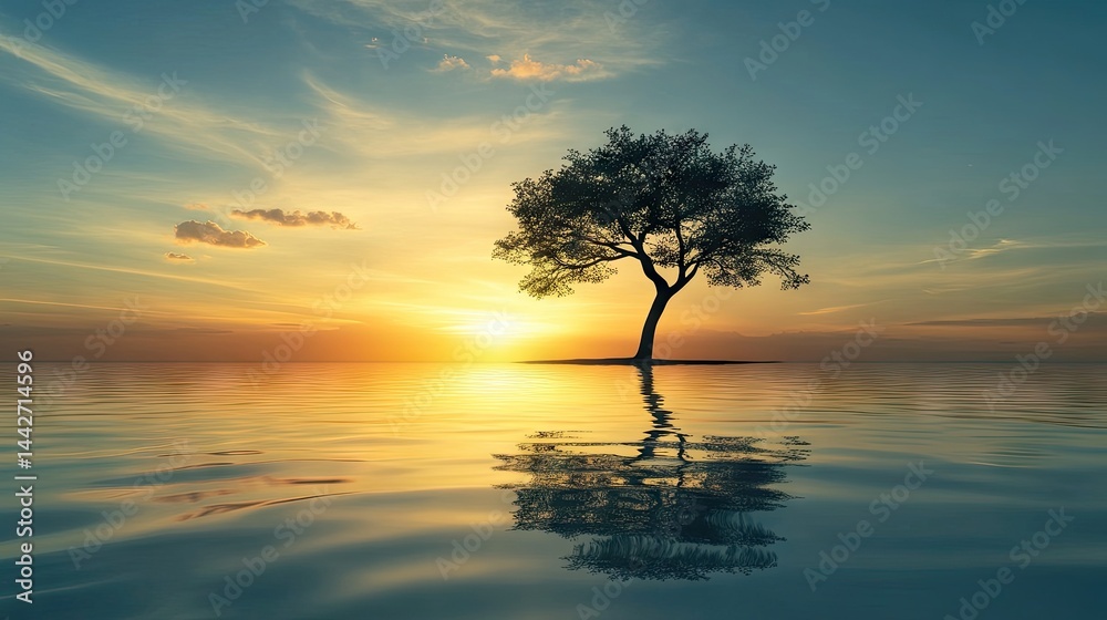 Water reflection scene with tree aligned along right vertical third
