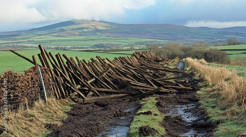 Weather-beaten temporary fencing falling over at site