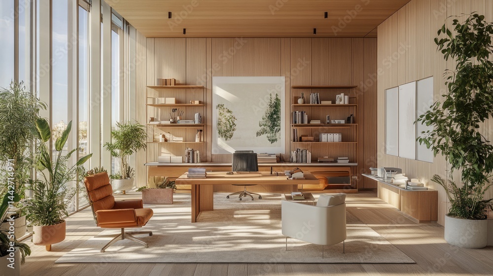 Wide office with zones defined by open shelving units