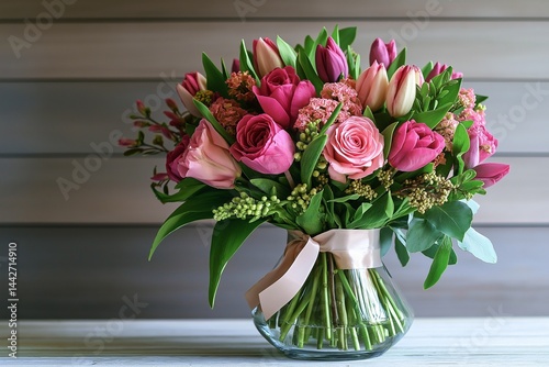 A stunning bouquet of colorful flowers arranged elegantly for Women's Day, showcasing vibrant pink roses, lilies, and tulips,