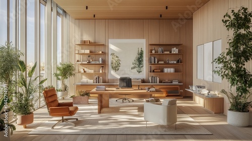 Obraz na płótnie Wide office with zones defined by open shelving units w salonie