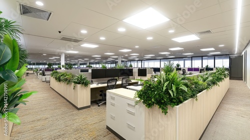 Wide office with zones defined by open shelving units
