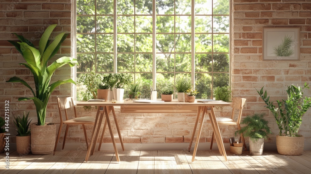 Wide shared table workspace with natural light and plants Wide shared table workspace with natural light and plants