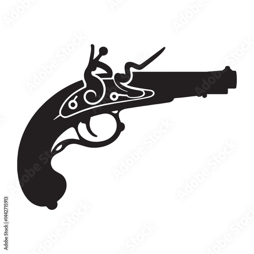 Elegant Flintlock Pistol silhouette, classic firearm design preserved – Flintlock Pistol illustration – Minimalist Flintlock Pistol vector – Weapon silhouette

