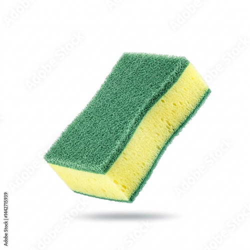 A levitating green and yellow dishwashing sponge, isolated on a white