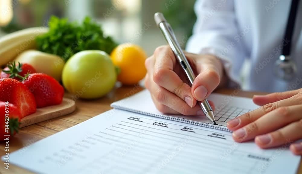 Healthcare professional's hands focused writing nutrition notes against blurred fruit background