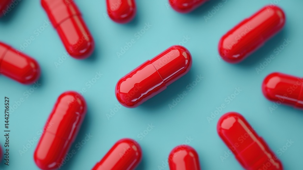 Multiple red capsules are scattered on a light blue background, highlighting a pharmaceutical or medical theme. Multiple red capsules are scattered on a light blue background, highlighting a pharmaceutical or medical theme.