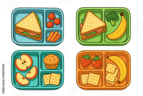 Colorful vector flat illustration showcasing healthy lunch trays with various nutritious foods for children in a school setting