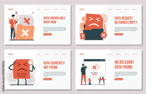 Landing page template No data concept Illustration set showing data error, missing files, and corrupted documents symbolizing no data access or failure
