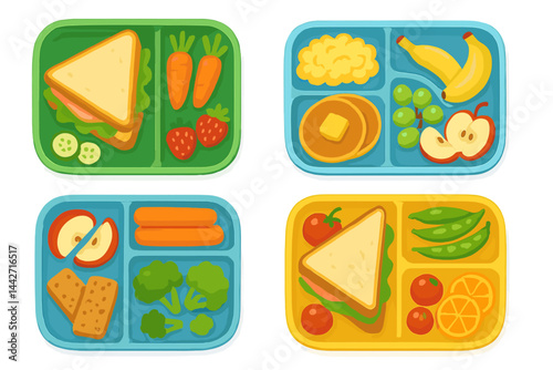 Healthy school lunch ideas featuring colorful meal trays with fresh fruits, vegetables, and sandwiches for kids