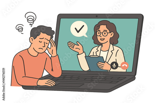 Online therapy session with a patient discussing mental health issues through a laptop screen