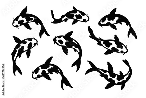 Stylized vector flat illustration of koi fish swimming gracefully in different directions in a minimalistic design