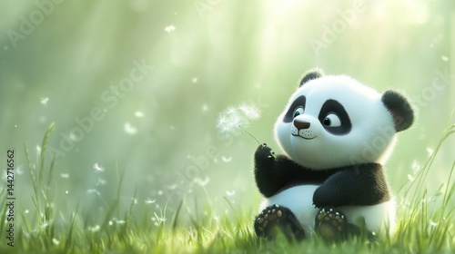 Cute panda cub in a meadow, holding a dandelion (1) photo