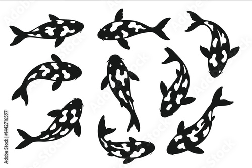 Black and white vector illustration of koi fish swimming in various directions