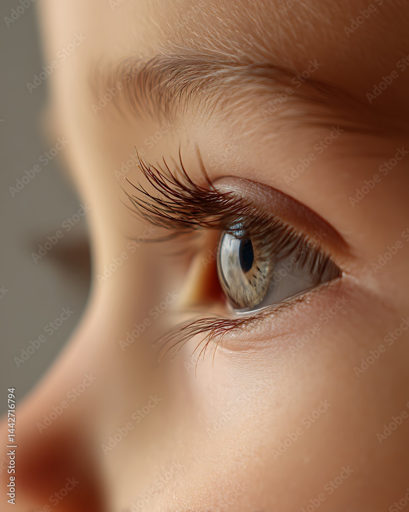 Fototapeta premium Close-up of a child’s eye with long eyelashes and bright expression. Natural lighting, white background.