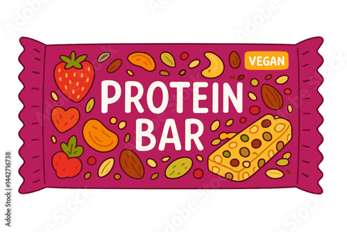 Colorful vector illustration of a vegan protein bar with nuts and fruits on a vibrant wrapper