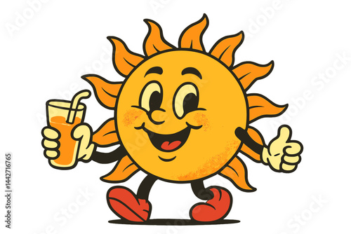 Happy sun character enjoying a refreshing drink while walking in a cheerful manner during a sunny day