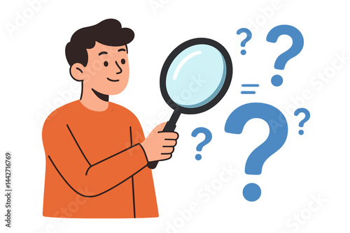 Person exploring questions and seeking answers with a magnifying glass in a vector flat illustration