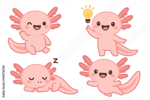 Cute vector flat illustration of four adorable axolotl characters engaging in different activities during a joyful day