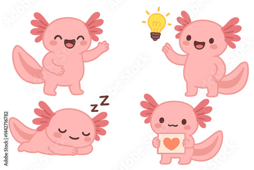 Cute axolotl characters expressing emotions and activities in a whimsical vector flat illustration