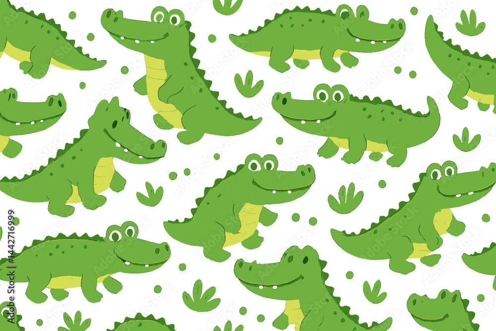 Obraz premium Vector flat illustration of playful cartoon crocodiles in a lively pattern surrounded by greenery