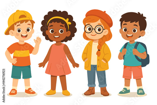 Children enjoying a sunny day in casual outfits while displaying friendship and diversity