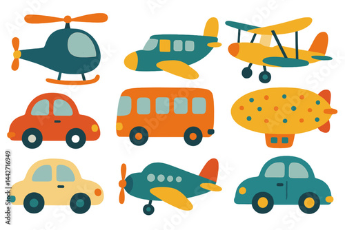 Colorful vector illustration depicting various modes of transportation including helicopters, airplanes, and cars