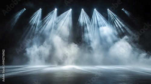 A dramatic lighting scene in which a series of spotlights penetrate a dark stage through the smoke.