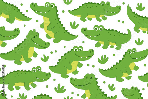 Vector flat illustration of playful cartoon crocodiles in a lively pattern surrounded by greenery