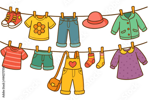 Bright vector flat illustration of colorful children's clothing hanging on a clothesline outdoors on a sunny day