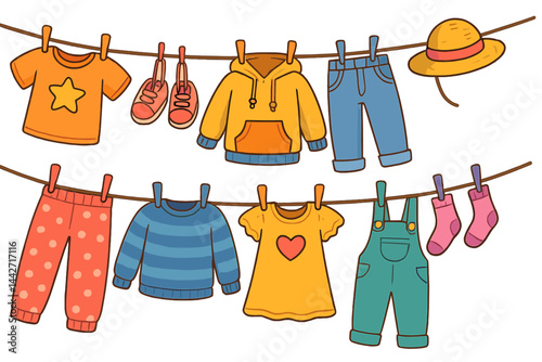 Colorful clothes hanging on a clothesline in a sunny outdoor setting with a straw hat and bright colors