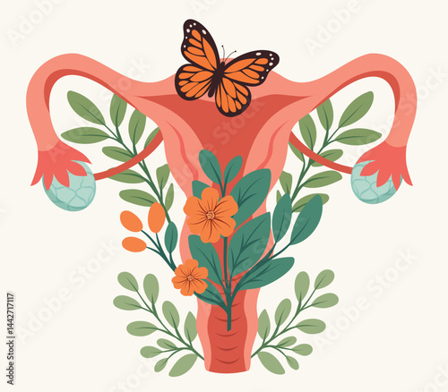Healthy female uterus with butterfly in flowers. Women's health day. Concept of women's health, menstrual cycle, ovulation, hormones, gynecology. Use for projects and medicine