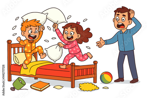 Kids having fun during a playful pillow fight in a cheerful bedroom setting with an adult looking surprised