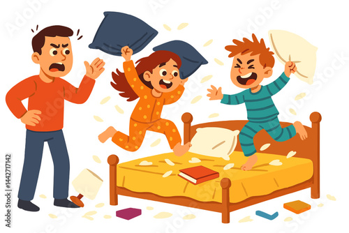Siblings having fun with pillows during a playful bedroom battle at home in bright, cheerful pajamas