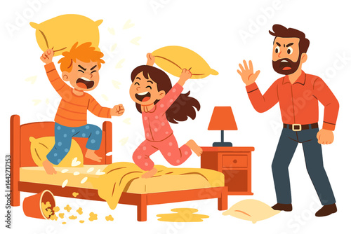 Siblings engaged in a playful pillow fight while parent watches with a stern expression in a cozy bedroom setting